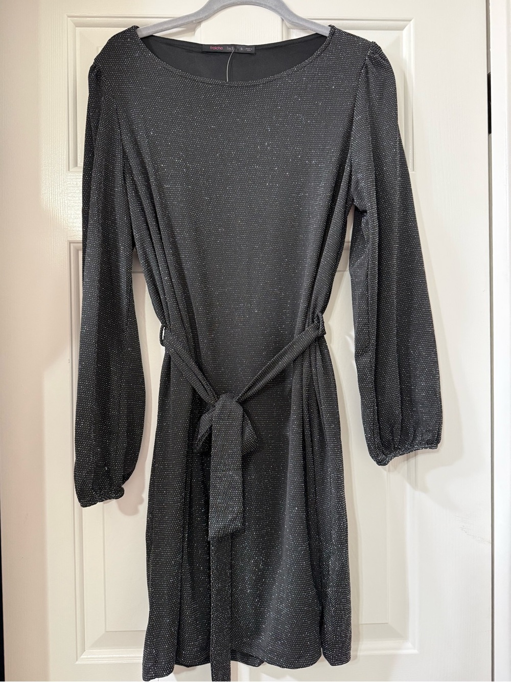Fraiche by J Sparkle Long-Sleeve Belted Dress - Black - size S *NWT